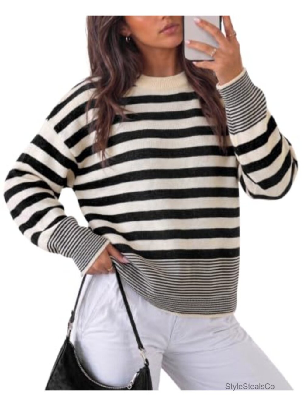 Womens Striped Knit Pullover Sweater Loose Fit Long Sleeve Casual Top